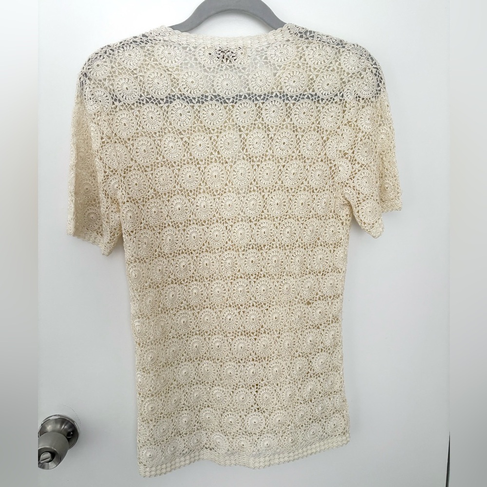 Vintage Hand Crocheted Doily Pattern Short Sleeve Button Down Cardigan Sweater S - Picture 2 of 11